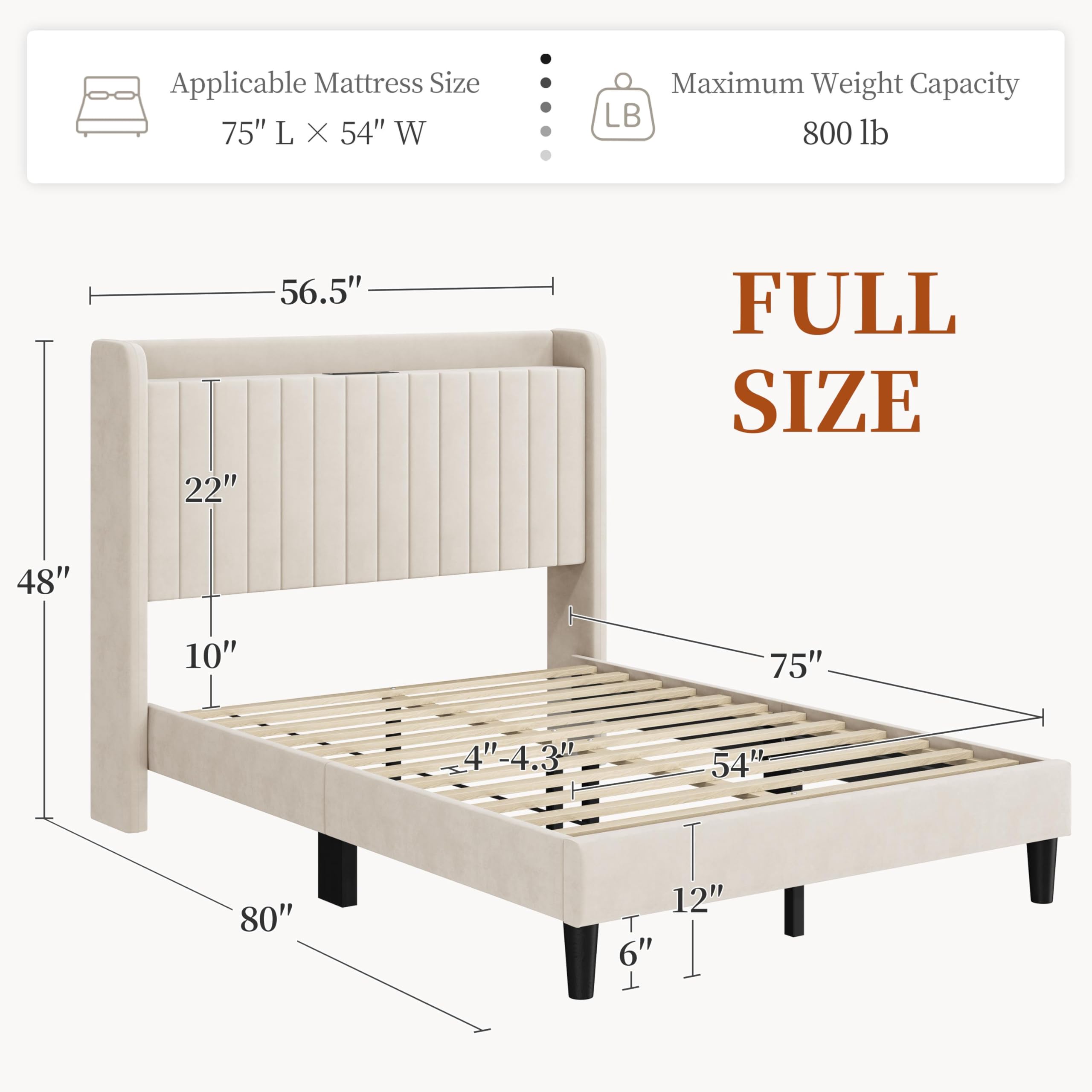 Full Bed Frame with Channel-Tufted Headboard