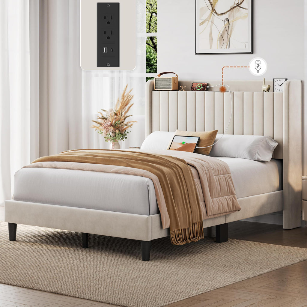 Full Bed Frame with Channel-Tufted Headboard