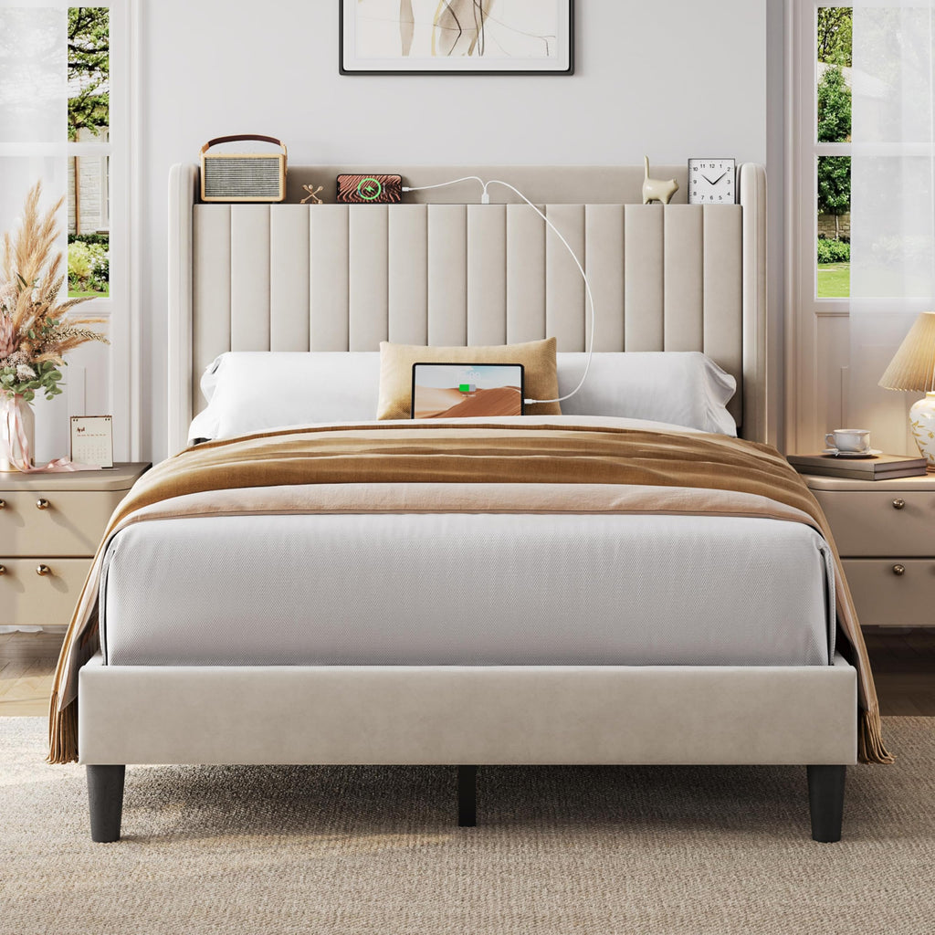 Full Bed Frame with Channel-Tufted Headboard
